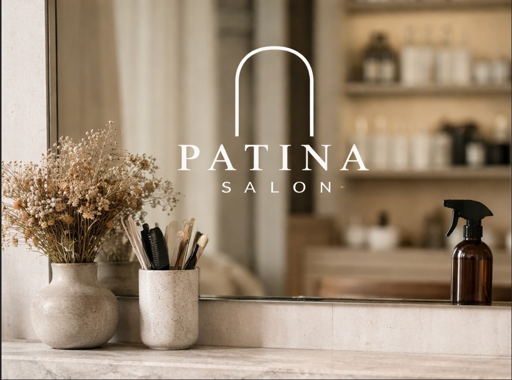 Patina Salon counter with styling tools and dried botanicals