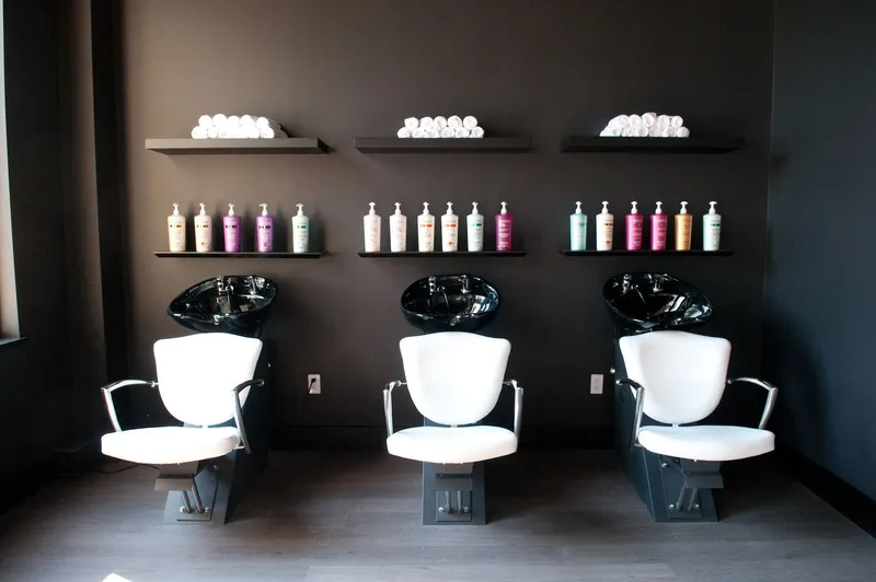 Dark-walled wash station with shampoo bowls